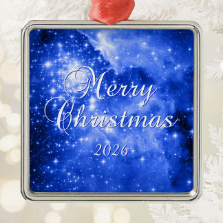 Ornement Carré Argenté Bleu d'outremer Étoiles Joyeux Noël
