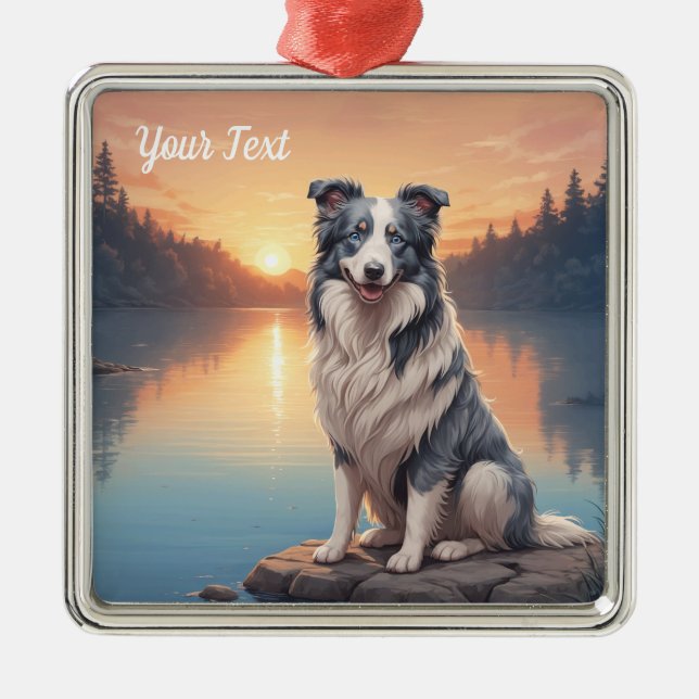 Ornement Carré Argenté Bleu Merle Bordure Collie par Lac (Devant)