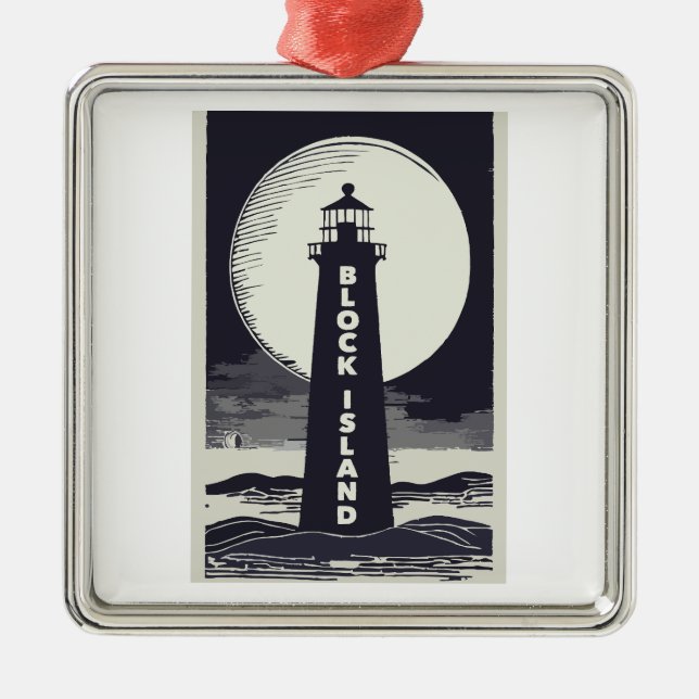 Ornement Carré Argenté Block Island Lighthouse Rhode Island Moon (Devant)