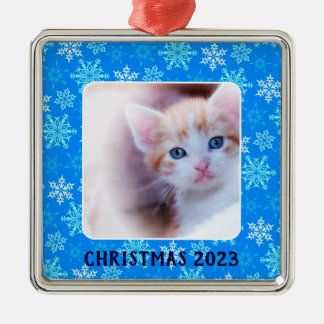 Ornement Carré Argenté Blue Snowflakes Border Photo