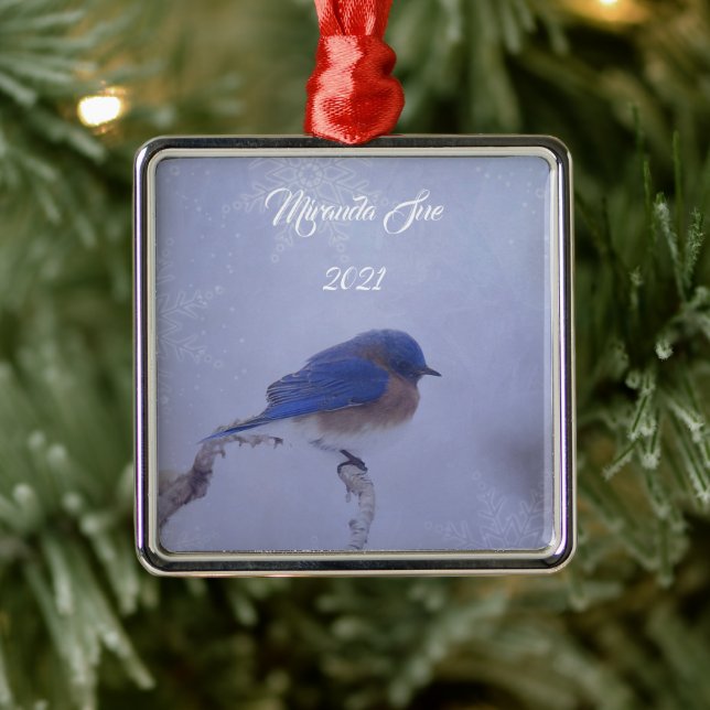 Ornement Carré Argenté Bluebird in Snowy Winter Trees - Vacances (Arbre)
