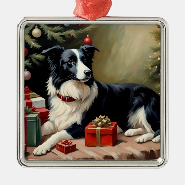Ornement Carré Argenté Bordure Collie Noël (Devant)
