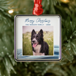 Ornement Carré Argenté Bordure Collie Photo hiver Neige Joyeux Noël