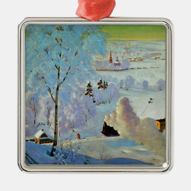 Ornement Carré Argenté Boris Kustodiev - Skieurs, peinture célèbre, (Devant)