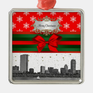 Ornement Carré Argenté Boston Skyline Red Snowflon Noël