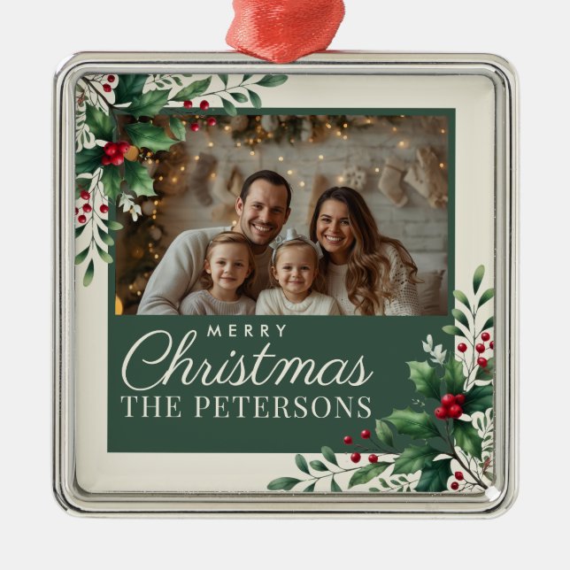 Ornement Carré Argenté Botanical Cream Custom Photo Christmas Ornament (Devant)