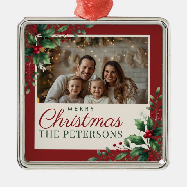 Ornement Carré Argenté Botanical Red Custom Photo Christmas Ornament (Devant)