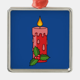Ornement Carré Argenté Bougie de Pilier Rouge de Noël avec Holly