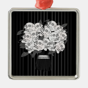 Ornement Carré Argenté Bouquet de roses de crânes noir et blanc