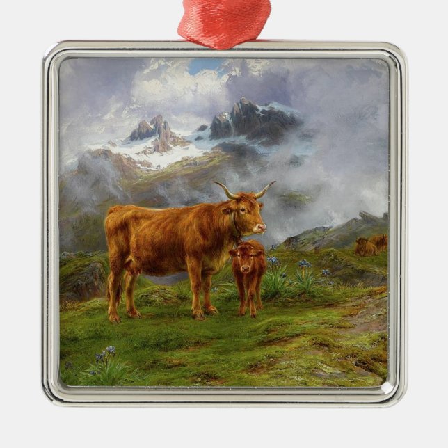 Ornement Carré Argenté Bovins des Highlands (par Rosa Bonheur) (Devant)