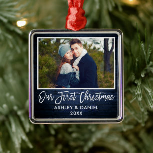 Ornement Carré Argenté Bracelet Script Bleu Bois Couple Notre Premier Noë