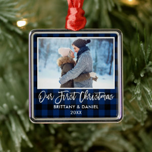 Ornement Carré Argenté Bracelet Script bleu Plaid Couple Premier Noël