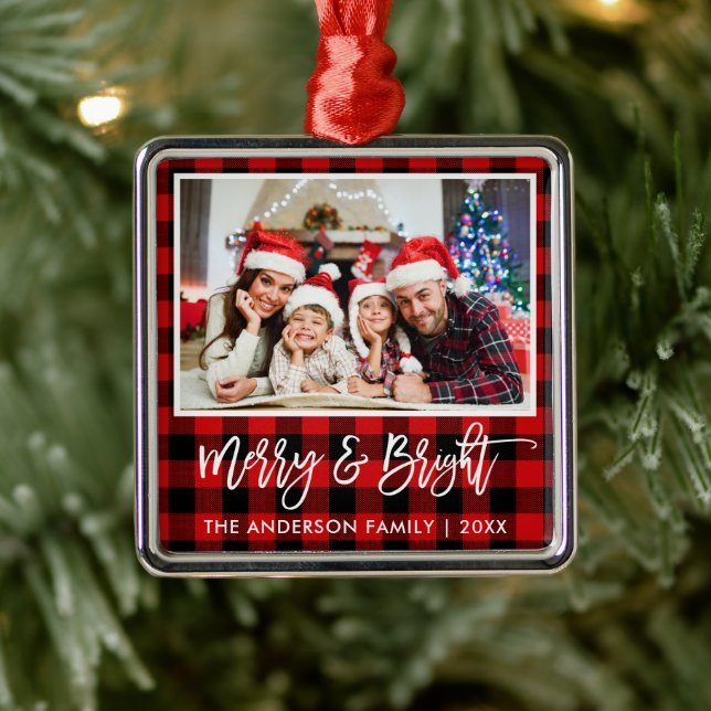 Ornement Carré Argenté Bracelet Script Red Plaid Merry et Bright Family (Arbre)