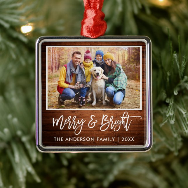 Ornement Carré Argenté Bracelet Script Rustique Bois Joyeux et Famille Lu (Arbre)