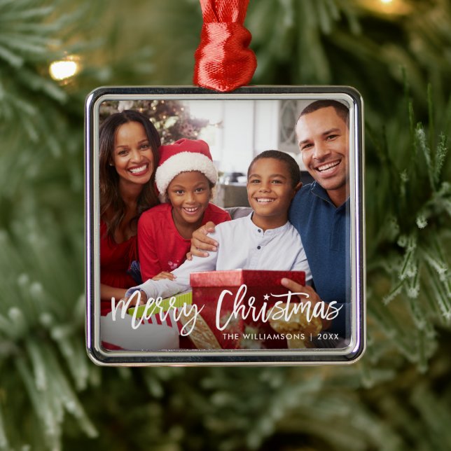 Ornement Carré Argenté Bracelet Script Star Merry Christmas Family Photo (Arbre)