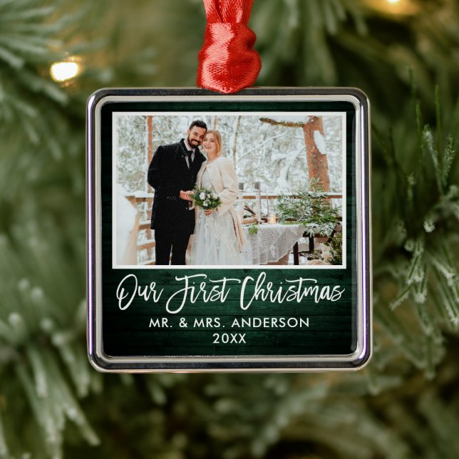 Ornement Carré Argenté Bracelet Script vert Mariage bois premier Noël (Arbre)