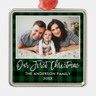 Ornement Carré Argenté Bracelet Script Vert Plaid Famille Premier Noël