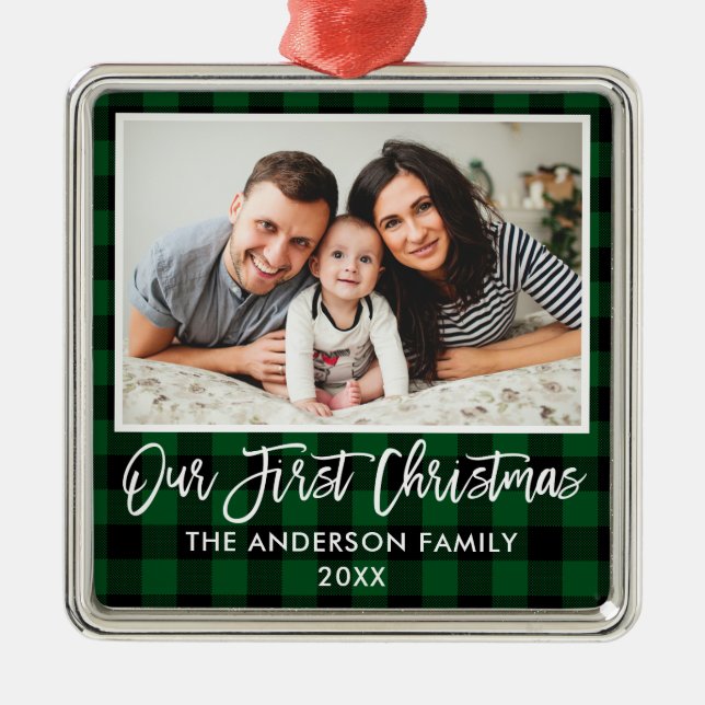 Ornement Carré Argenté Bracelet Script Vert Plaid Famille Premier Noël (Devant)