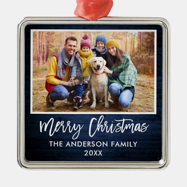Ornement Carré Argenté Brosse Script Blue Wood Family Joyeux Noël (Devant)