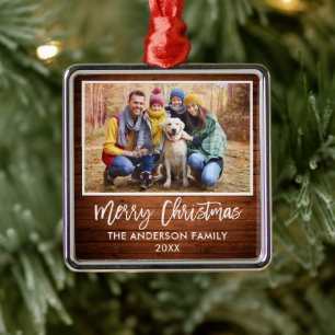 Ornement Carré Argenté Brosse Script Rustique Bois Famille Joyeux Noël