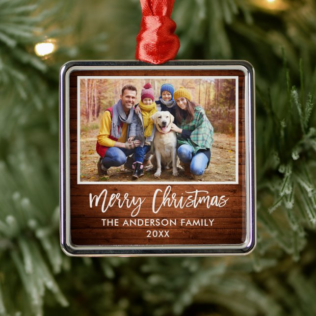 Ornement Carré Argenté Brosse Script Rustique Bois Famille Joyeux Noël (Arbre)
