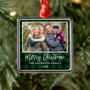 Ornement Carré Argenté Brosse Script Vert Plaid Famille Joyeux Noël