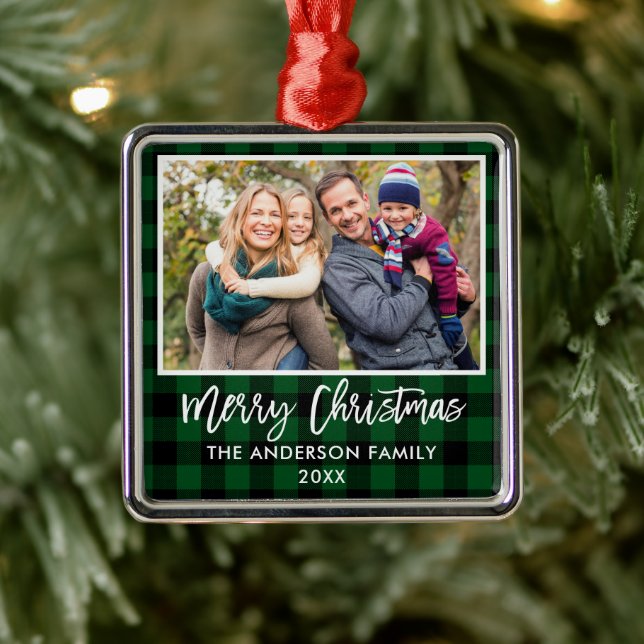 Ornement Carré Argenté Brosse Script Vert Plaid Famille Joyeux Noël (Arbre)