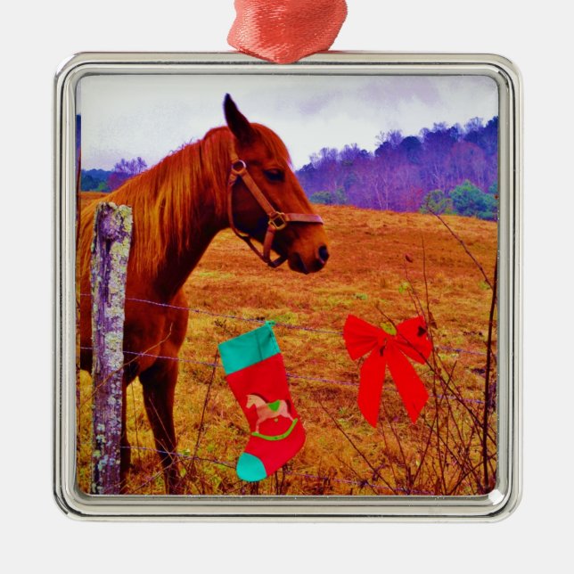 Ornement Carré Argenté Brown cheval pourpre arbre Noël (Devant)