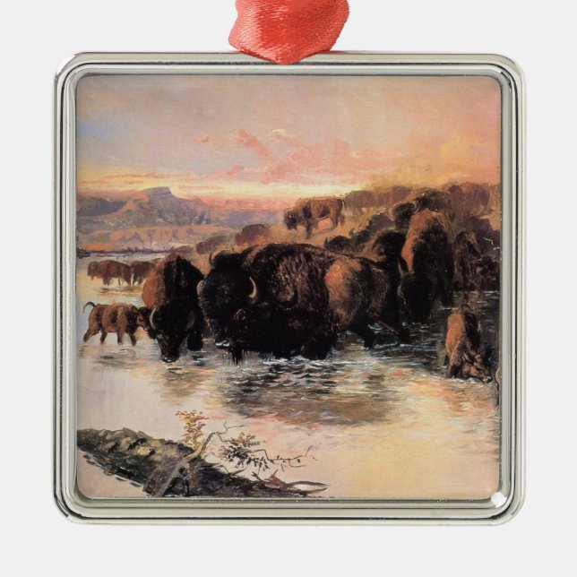 Ornement Carré Argenté Buffalo Herd (par Charles M. Russell) (Devant)
