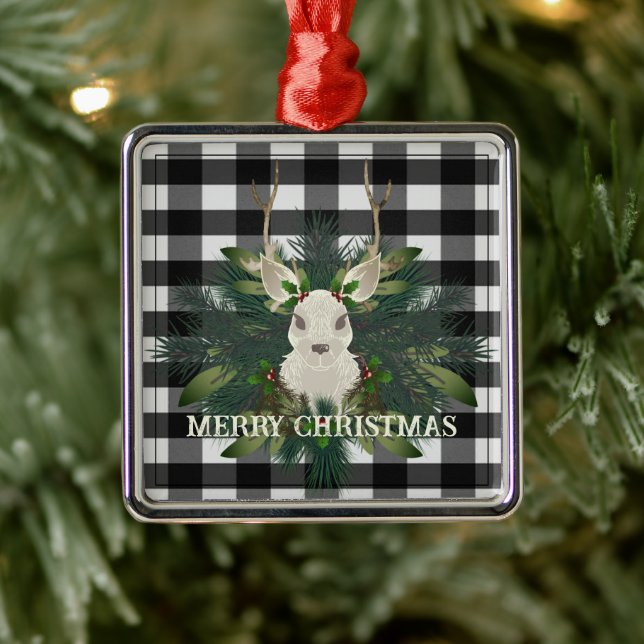 Ornement Carré Argenté Buffalo Plaid Festin Reindeer Noël (Arbre)