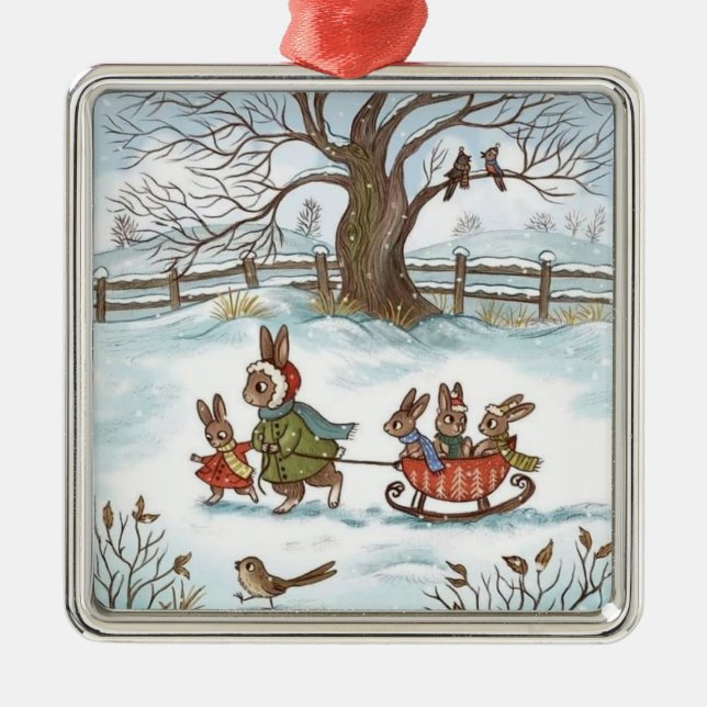 Ornement Carré Argenté Bunny Family Snow Christmas Family Friend Gift (Devant)