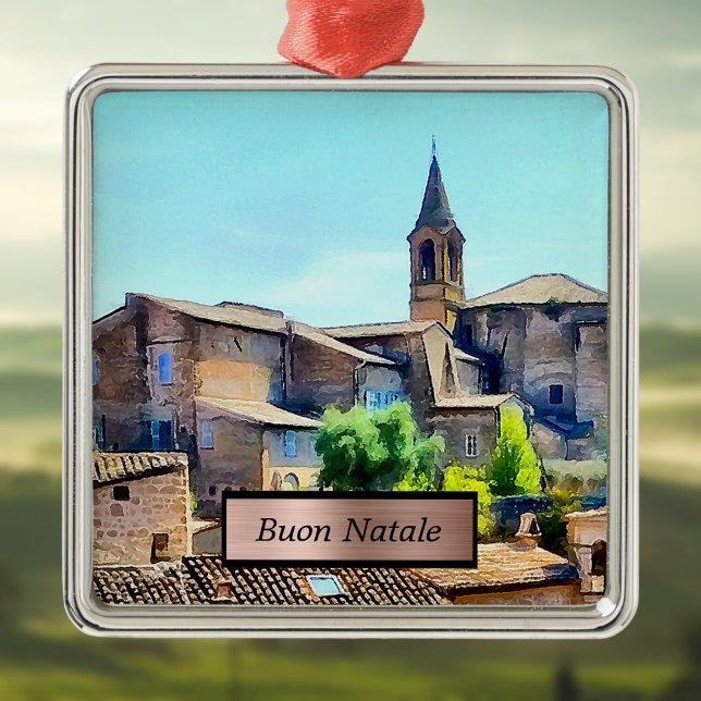 Ornement Carré Argenté Buon Natale Orvieto Italie Coteau et église (Créateur téléchargé)