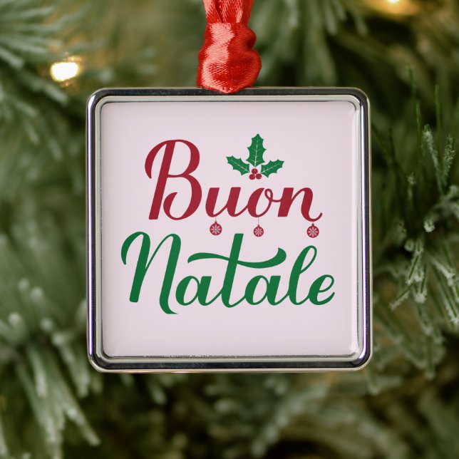 Ornement Carré Argenté Buon Natale Rouge et vert Noël italien (Arbre)