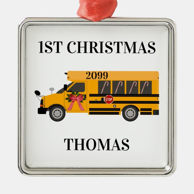 Ornement Carré Argenté Bus scolaire 1er Keepsaké de Noël (Devant)