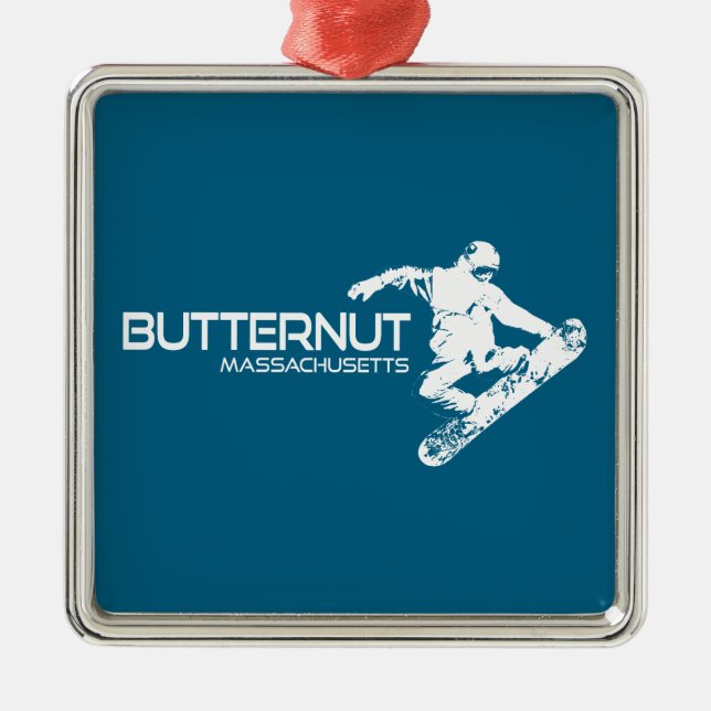 Ornement Carré Argenté Butternut Massachusetts Station de ski Snowboarder (Devant)