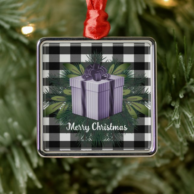 Ornement Carré Argenté Cadeau de Noël Plaid Buffalo | Violet (Arbre)