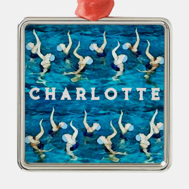 Ornement Carré Argenté Cadeau de vacances de natation personnalisée (Devant)