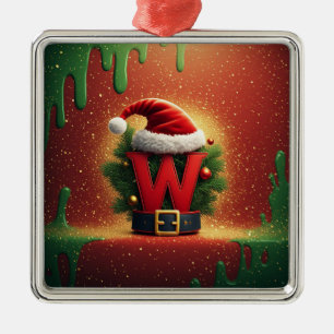 Ornement Carré Argenté Cadeaux de Noël avec initiale W de Noël