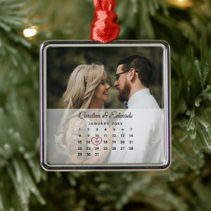 Ornement Carré Argenté Calendrier d'anniversaire du Mariage photo simple