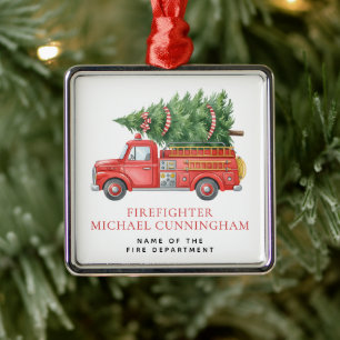 Ornement Carré Argenté Camion de pompiers de Noël moderne personnalisé 