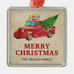 Ornement Carré Argenté Camion vintage de ramassage rouge Noël