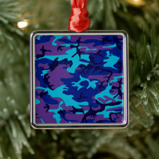 Ornement Carré Argenté Camouflage bleu foncé et Motif violet