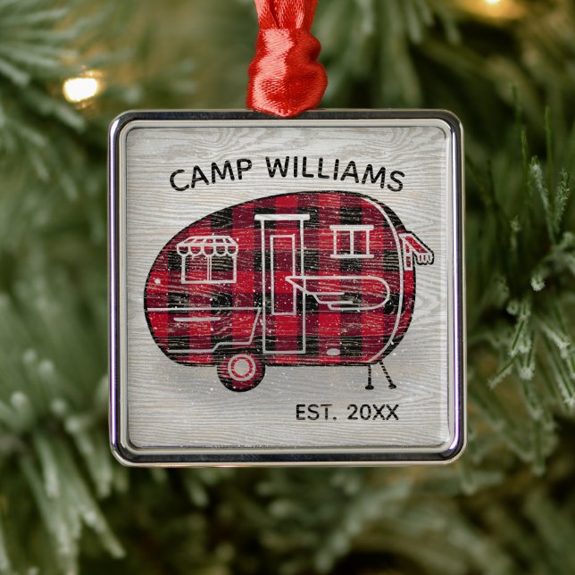 Ornement Carré Argenté Camper Russe Buffalo Rouge Plaid Monogram Holiday (Arbre)