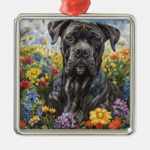 ORNEMENT CARRÉ ARGENTÉ CANNE NOIRE CORSO CHIEN DANS LE CHAMP FLORAL