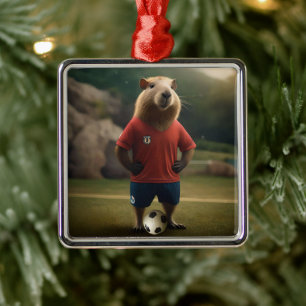 Ornement Carré Argenté "Capybara buteur : La star ultime du football !"
