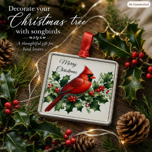 Ornement Carré Argenté Cardinal rouge de Noël et houx