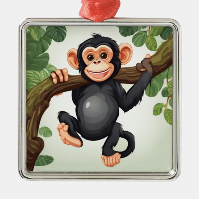 Ornement Carré Argenté Caricature de chimpanzé fou mignon (Devant)