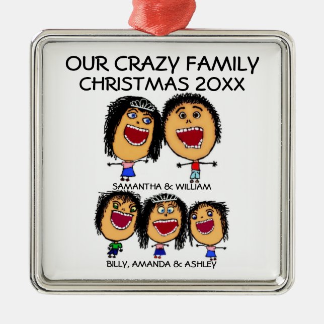 Ornement Carré Argenté Caricature de famille personnalisée (Devant)