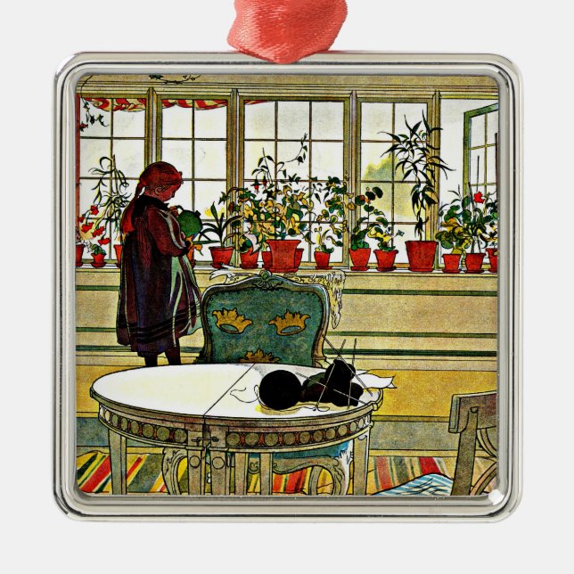 Ornement Carré Argenté Carl Larsson - Fleurs sur un rebord, (Devant)