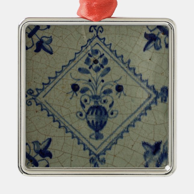 Ornement Carré Argenté Carrelage Bleu Delft - Vase avec Fleurs et Bouquet (Devant)